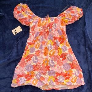 SO Multicolor Floral Tie-Front Puff Sleeve Mini Dress